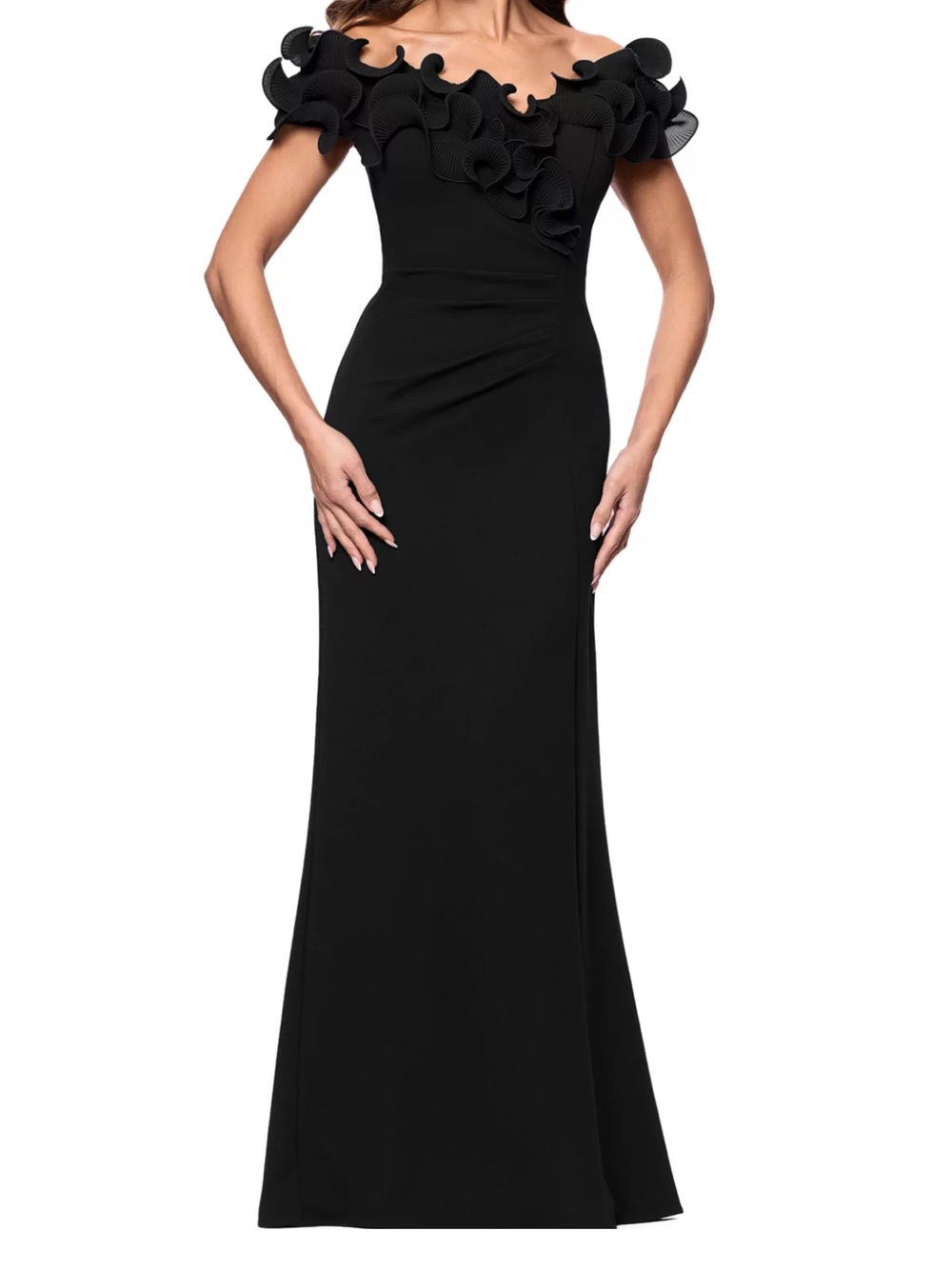 Xscape Evenings “Anya” Scuba Crepe & Chiffon Ruffle Off-the-Shoulder Dress (8)
